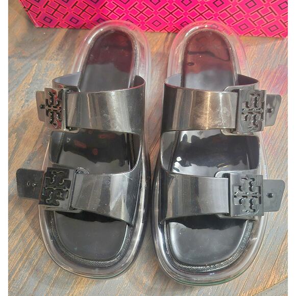 TORY BURCH $228 BLACK BUCKLE JELLY SLIDE SANDAL Shoes Sz 9 Summer Beach pool - Picture 5 of 16